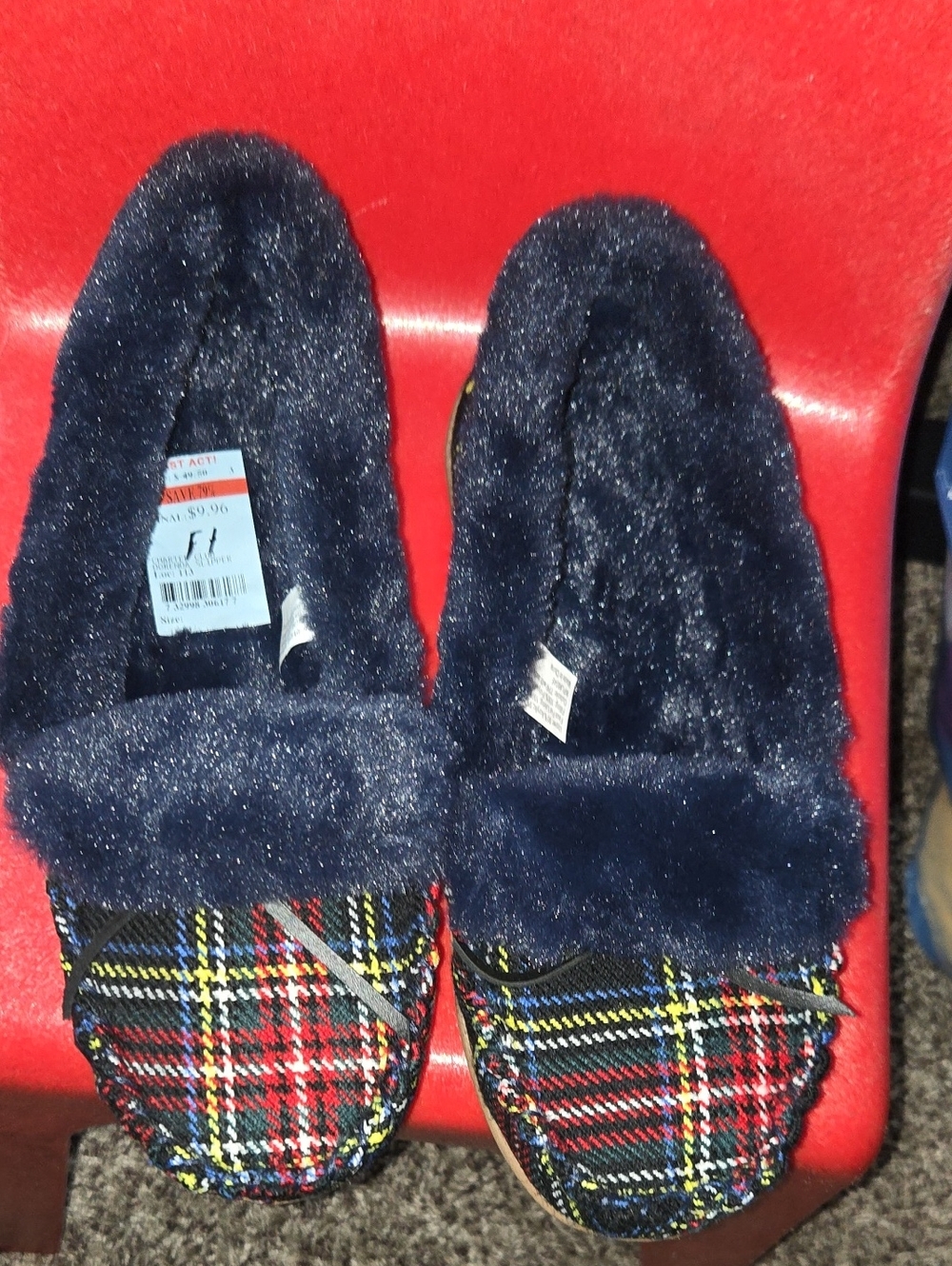 Charter Club Plaid Moccasin Slippers in Navy and Red